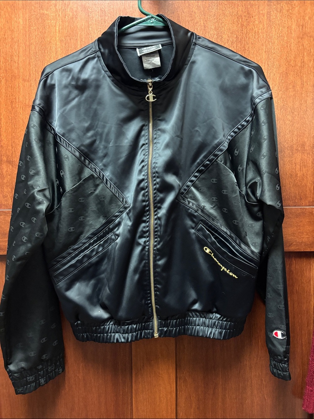 Champion Black Satin Bomber Jacket with Gold Zipper